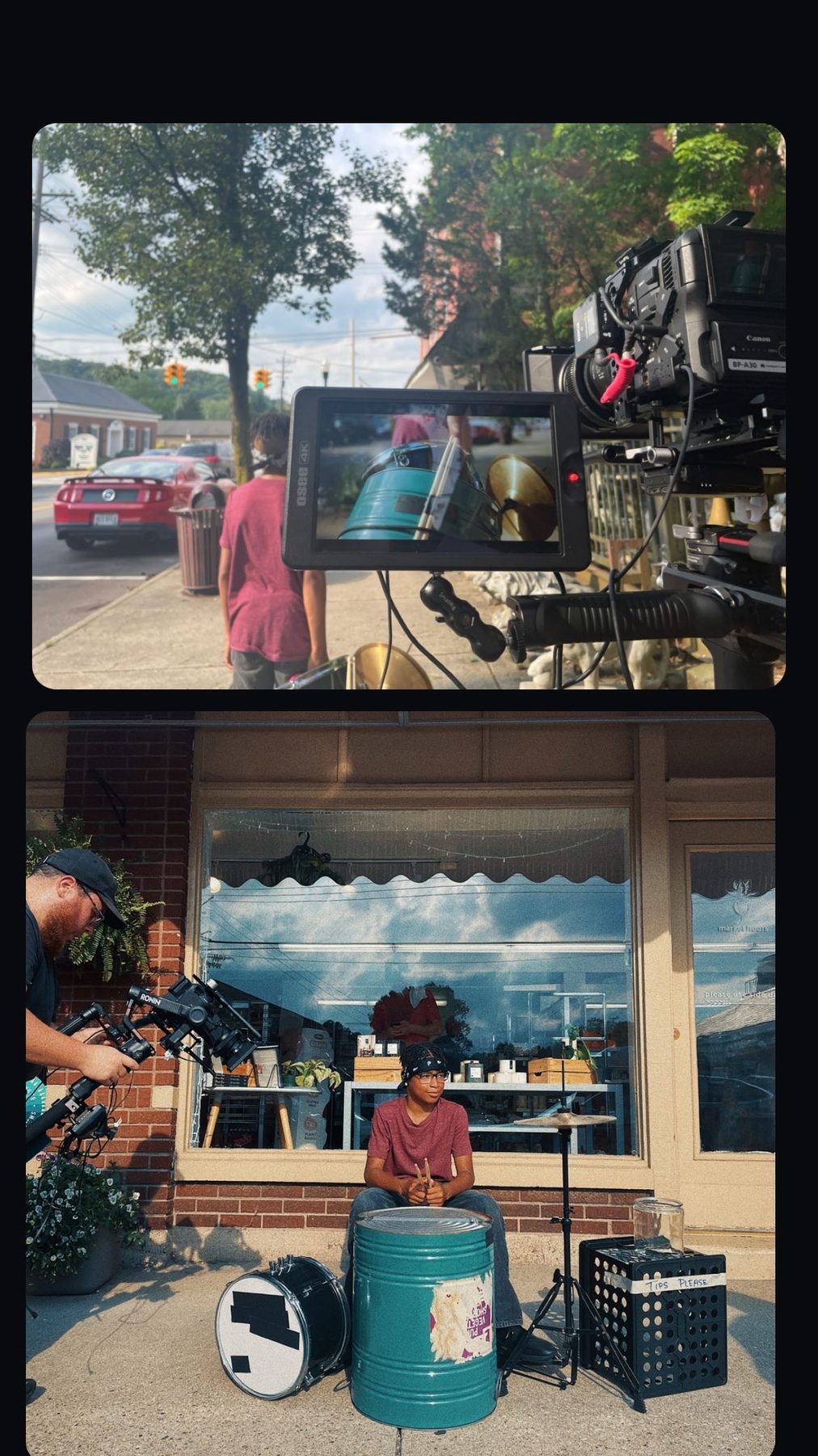 Field production for a live street performance — camera monitor and the wider scene